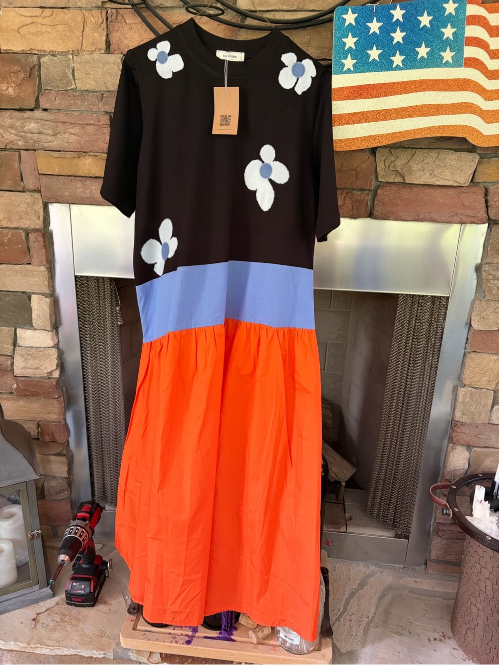 Black Floral Top Colorblock Dress with Blue Waist and Orange Bottom
